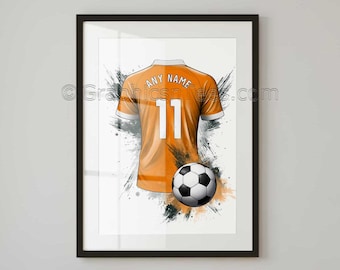 Football Wall Art Shirt Prints, Personalised With any Name and Number, In Orange