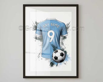 Football Shirt Print, Personalised With Name and Number, Light Blue