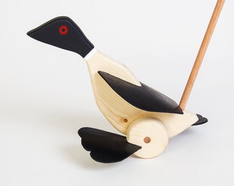 Wooden Walking Duck | Loon Duck Toy with Red Eye | Chippewaddlers | Classic Wooden Toy | Children's Duck Push Toy