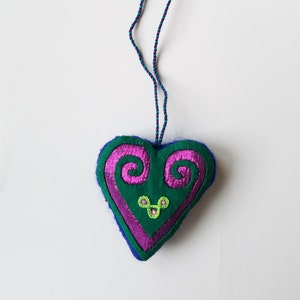 Heart Ornament | Blue Back | Hmong | Paj Ntaub | Lamé and Felt Fabrics