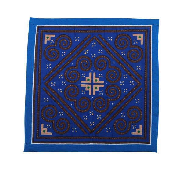 Blue and and Brown Paj Ntaub | Bordered | Hmong Collectible | Flower Cloth