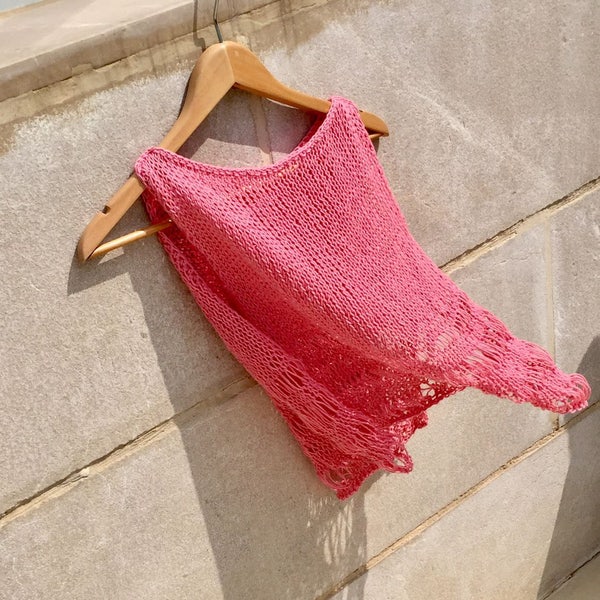 SUMMER SALE.Knit Tank Top , Pink Knit Cropped Sweater , Crop Top , Swimsuit cover ,  Summer Sweater , Loose Knit , Stretchy Tank top.