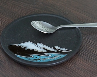 Unique spoon rest Kitchen accessories Mountain pottery saucer Abstract mountain ceramic