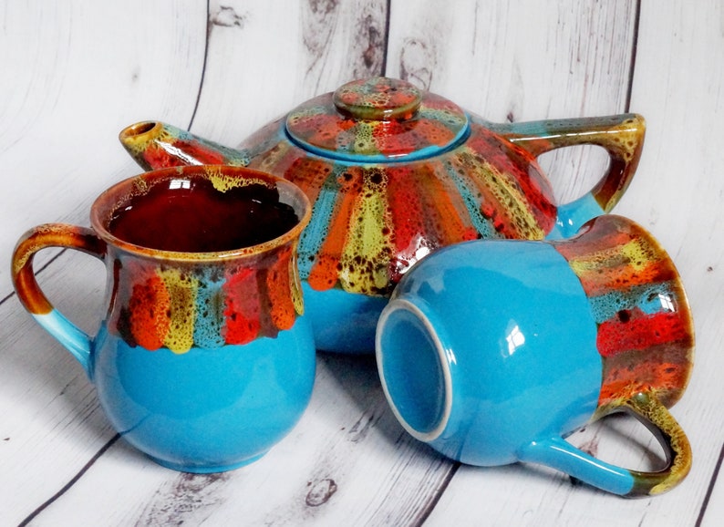 Ceramic tea set rainbow teapot 33.8 oz and two stoneware mug Etsy