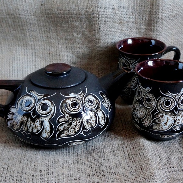 Pottery tea set ceramic Housewarming gift for mom wedding gift ideas for women birthday gifts Decorative owls teapot and two mug stoneware