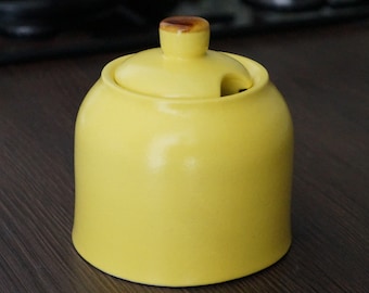 Yellow ceramic sugar bowl with lid Yellow pottery lidded container Sugar box Kitchen storage Honey pot jar Xmas kitchen gift for mom wife