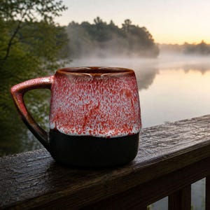 May include: A ceramic mug featuring a two-tone glaze with a solid black base and a textured, speckled red and white upper section. The mug has a wide, angular handle and a cylindrical body with a slightly tapered rim, showcasing a reactive finish.