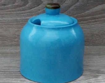 Ceramic gift Sky blue pottery sugar bowl with lid Stoneware lidded jar Sugar container Kitchen storage Honey pot