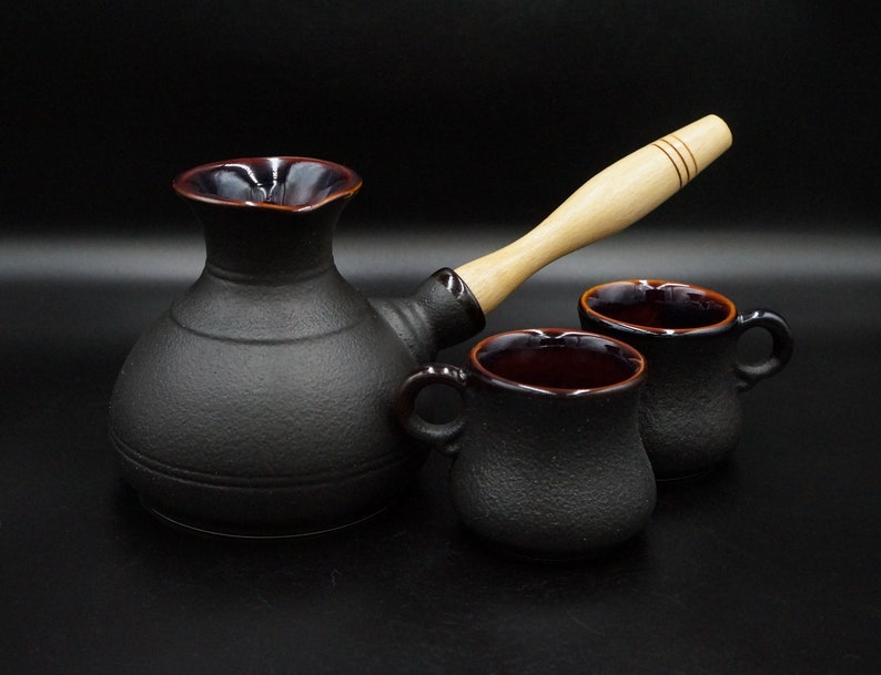 Handmade ceramic coffee set Turkish coffee set pottery Black coffee pot ceramic with two or four small coffee mug 3 oz Mother's Day gift two mugs