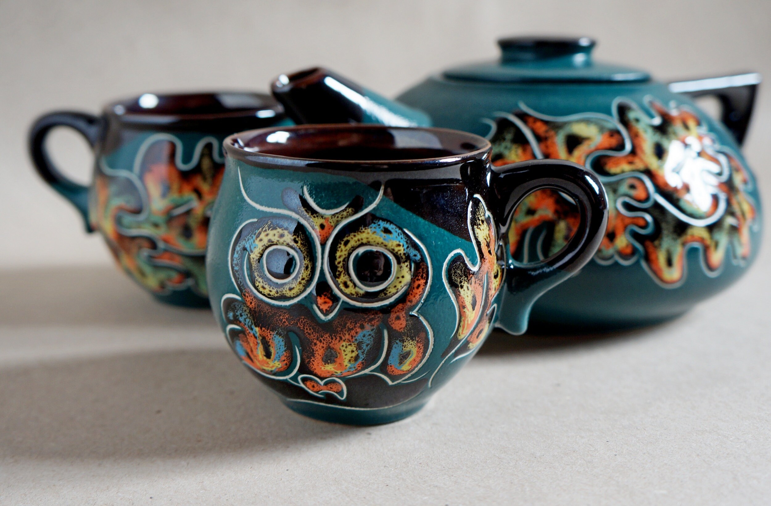 Tea set Owls Teapot set Ceramic pottery Green Owl teapot Tea Etsy