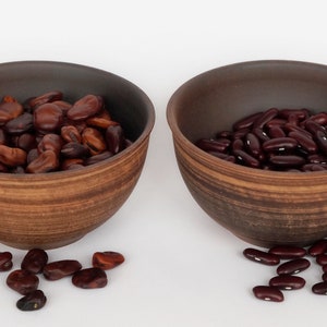 May include: Two brown ceramic bowls filled with beans. One bowl contains dark brown beans, and the other contains red kidney beans. Some beans are scattered around the bowls on a white surface.