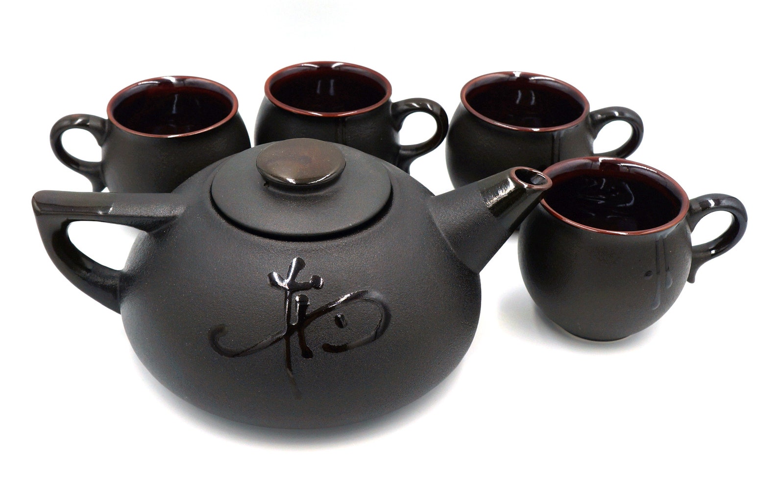 Pure black ceramic teapot set with four 6.5 oz tea mug ceramic Etsy