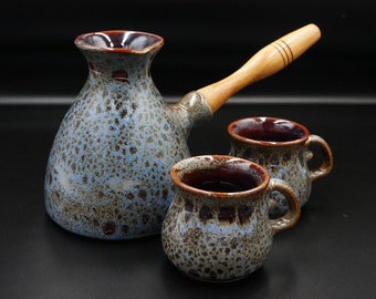 Handmade ceramic coffee set Turkish coffee pot ceramic and two small coffee mugs Stoneware coffee set turkey Gift for mom