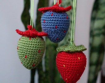 Strawberry ornament Set of 3 colorful strawberry Funny berry Christmas tree decor crochet Tote bag charms