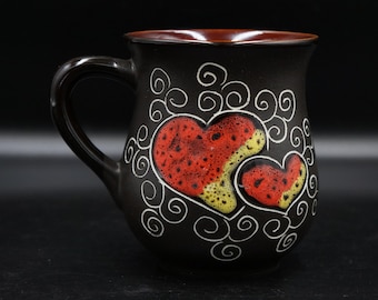 Handmade red coffee mug 9.5 oz engraved and painted with hearts Mother's Day gifts Hearts mug ceramic