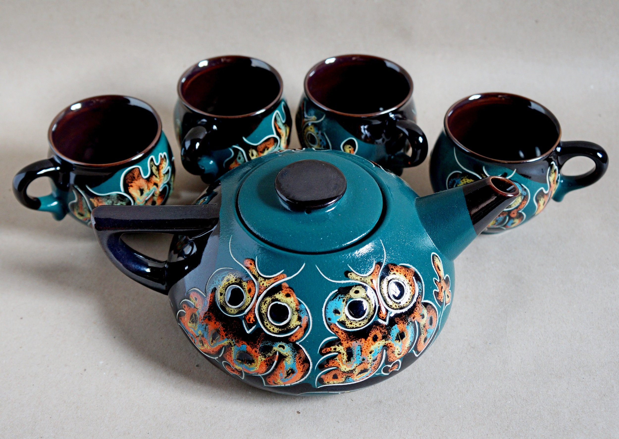 Tea set Owls Teapot set Ceramic pottery Green Owl teapot Tea Etsy