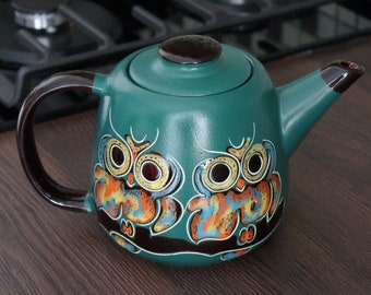 Housewarming owl gift Handmade ceramic teapot 33.8 oz Green stoneware pottery tea pot owls gifts for wife birthday