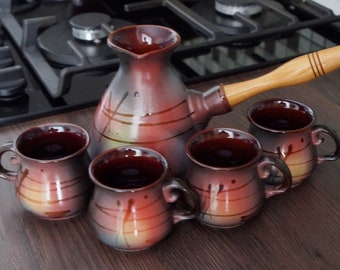 Turkey coffee set ceramic Twilight ceramic coffee set black red yellow Cezve and four small coffee mug ceramic best friend birthday gift