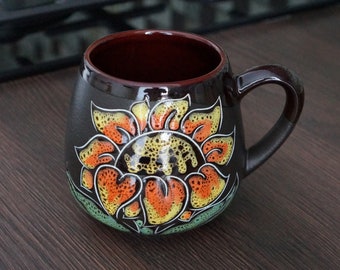 Handmade ceramic mug sunflower 14 oz Medium coffee mug for women coffee cup Mom gift  stoneware mug