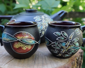 Set of 2 handmade coffee mug 6.5 oz Bamboo mug Ceramic pottery mug cup