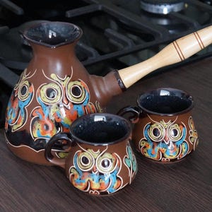 Turkish coffee set ceramic Brown coffee pot and 2 small coffee mugs 3.3oz Clay coffee maker Handmade engraved and painted owl set pottery