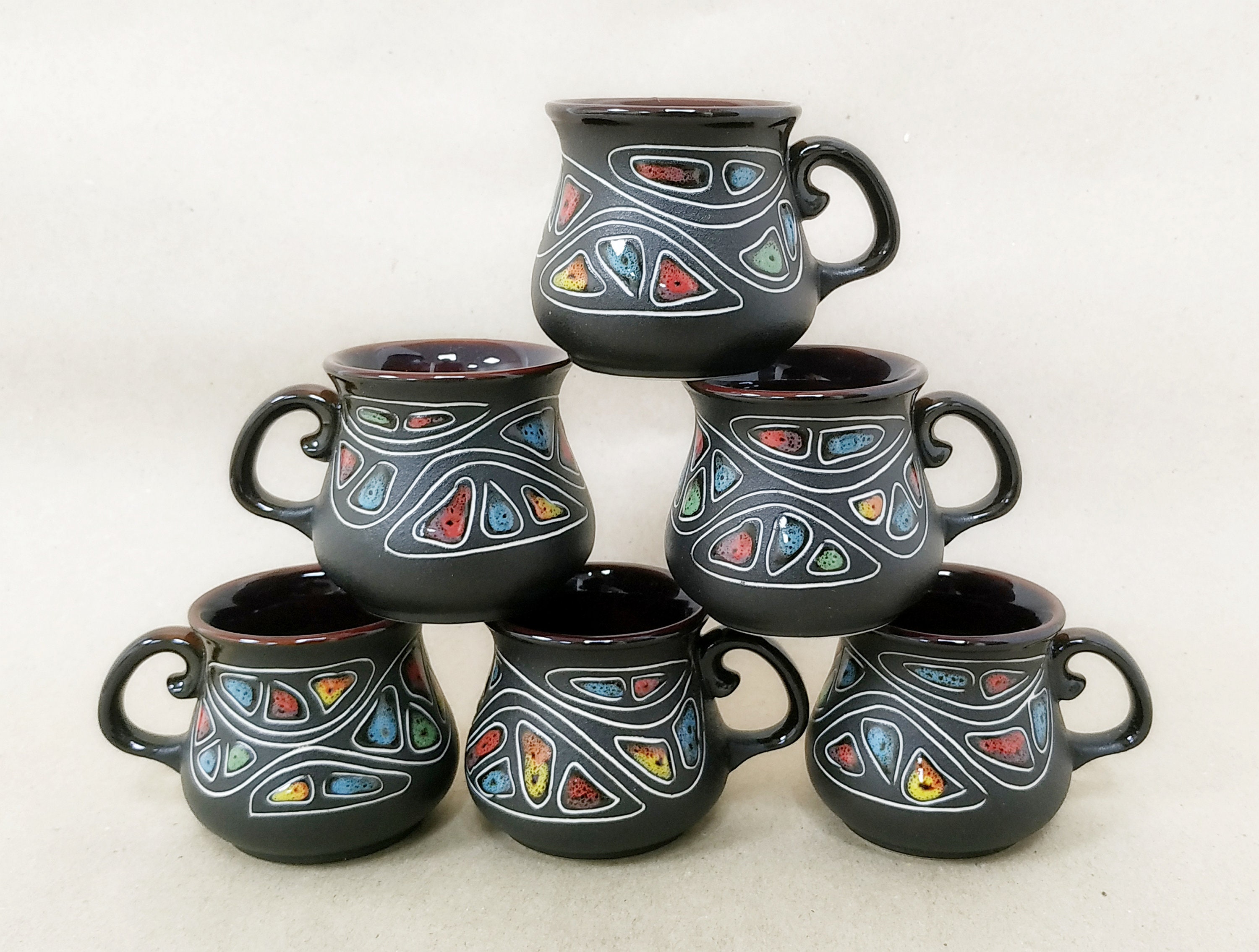Set of 6 engraved and painted small coffee mug 3.3 oz Handmade Etsy