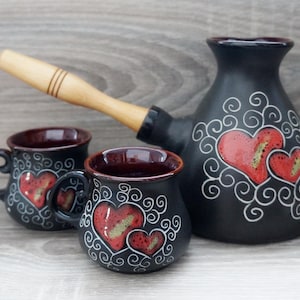 Handmade ceramic coffee pot set black with red hearts Turkish coffee set Pottery coffee pot and two small coffee mugs Hearts gift for her