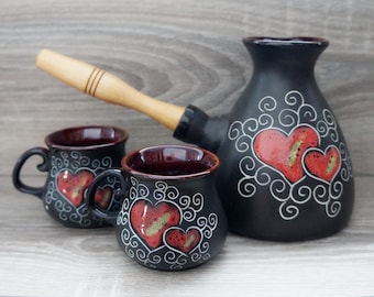 Handmade ceramic coffee pot set black with red hearts Turkish coffee set Pottery coffee pot and two small coffee mugs Hearts gift for her