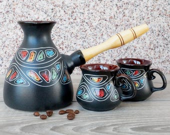Handmade Turkish Coffee Set: Engraved Stoneware, 3oz Mugs