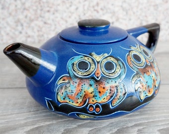 Blue handmade ceramic teapot 33 oz Engraved and painted teapot pottery New home gift for sister or brother Tea pot ceramic