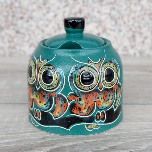 Owl gift for me Ceramic sugar bowl with lid Pottery lidded container Sugar container Kitchen storage Honey pot jar