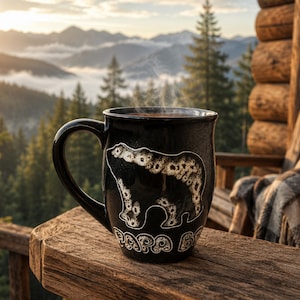 May include: A black ceramic mug featuring a white outline graphic of a bear and the text "PAPA BEAR" printed on the front. The mug has a curved handle and contains a steaming hot beverage, showcasing a glossy finish with visible texture.