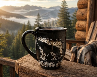 Papa bear or Mama bear mug ceramic 16 oz Large coffee mug pottery black with engraved and painted bear New dad New mom gift Father's Day