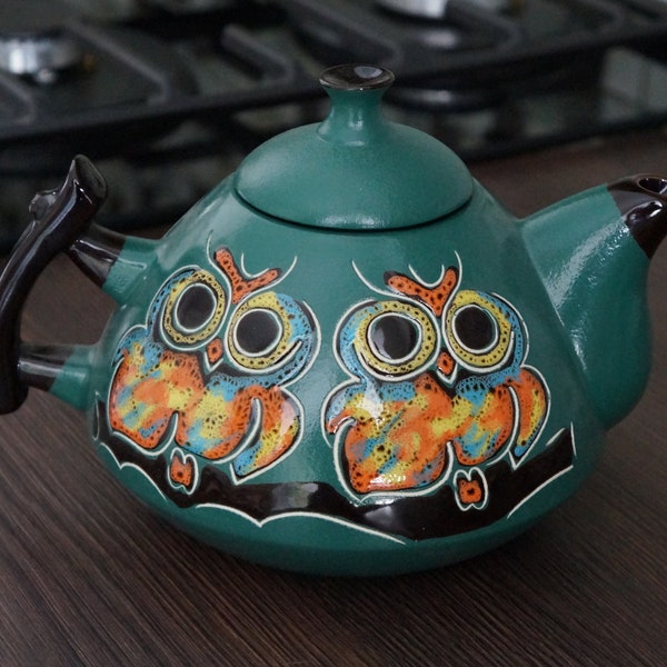 Handmade ceramic teapot Rustic teapot with owls Green teapot stoneware Tea ceremony gift for new home Owl gift for mom