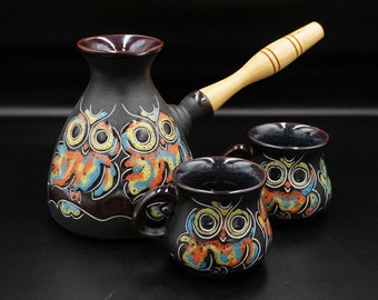 Turkish coffee set ceramic coffee pot and 2 small coffee mugs 3.3oz Clay coffee maker Handmade engraved and painted owl coffee set pottery