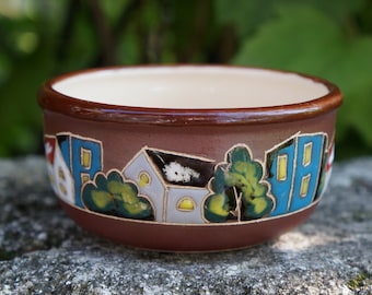 Ceramic tiny bowl brown blue red Salt Soy Sauce Spice bowl ceramic Christmas gift Pottery small bowl hand engraved and painted