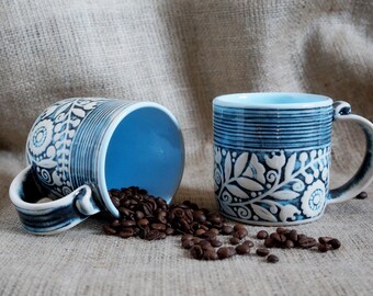 Wife gift Large coffee mug Blue ceramic tea cup Mother pottery mug Birthday gift ideas Anniversary gifts Gift ideas for women Mum birthday