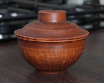 Small ceramic brown bowl with lid Salt Soy Sauce Spice box pottery terracotta Salt cellar Housewarming gifts Kitchen gifts