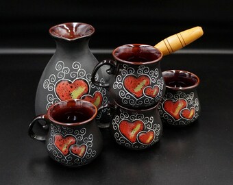 Handmade ceramic coffee pot set Turkish coffee set Ceramic coffee pot and four small coffee mugs