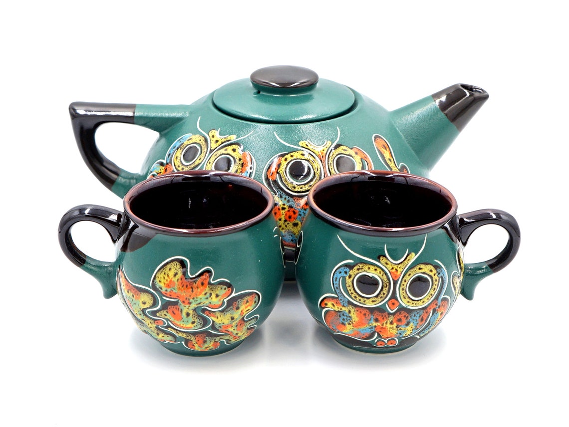 Tea set Owls Teapot set Ceramic pottery Green Owl teapot Tea Etsy