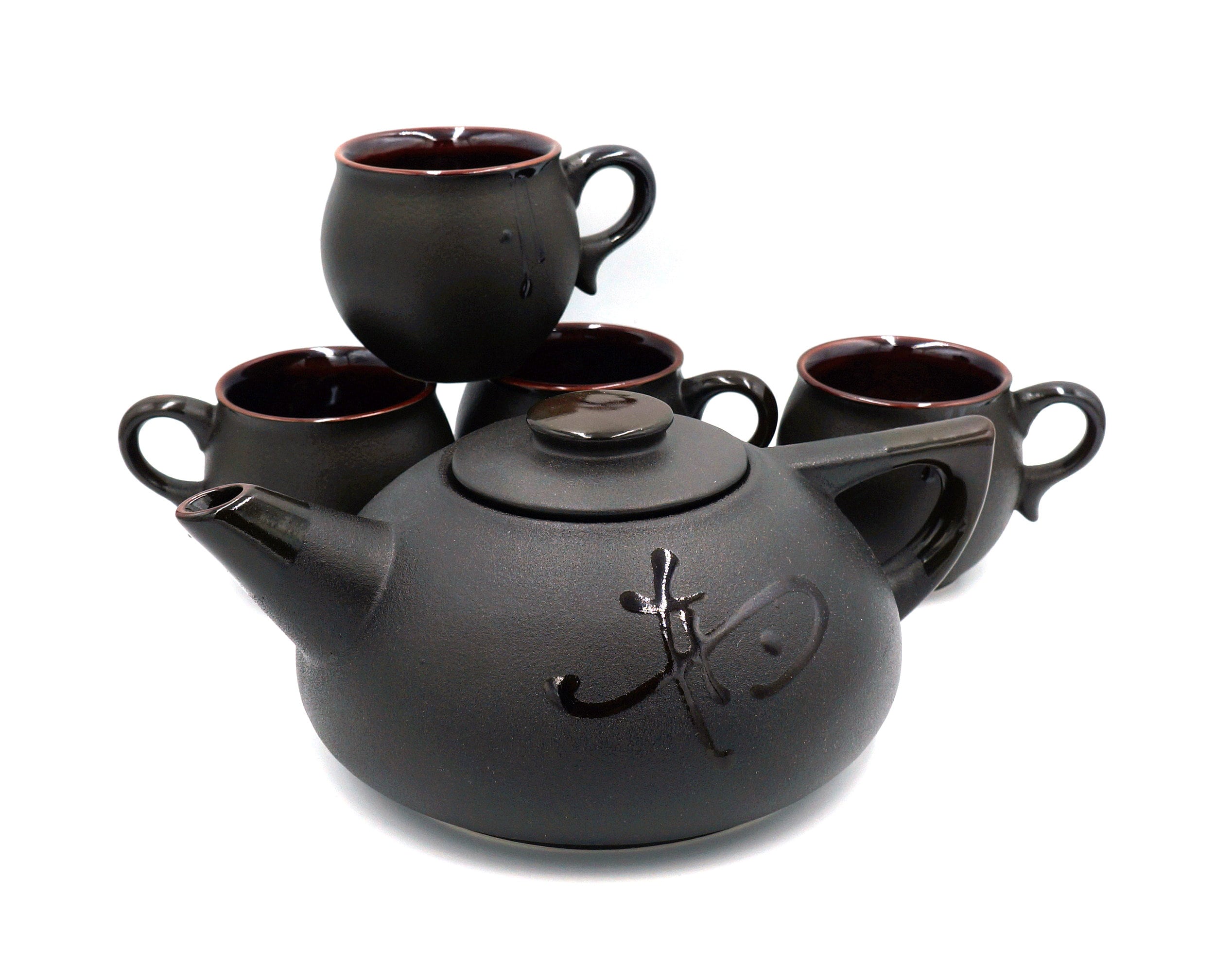 Pure black ceramic teapot set with four 6.5 oz tea mug ceramic Etsy