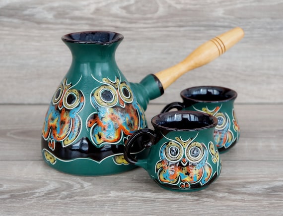 Turkish Coffee Set Ceramic Coffee Pot and 2 Small Coffee Mugs 3.3oz Clay Coffee Maker Handmade Engraved and Painted Owl Coffee Set Pottery Etsy