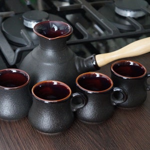 Handmade ceramic coffee set Turkish coffee set pottery Black coffee pot ceramic with two or four small coffee mug 3 oz Mother's Day gift