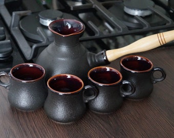 Handmade ceramic coffee set Turkish coffee set pottery Black coffee pot ceramic with two or four small coffee mug 3 oz Mother's Day gift