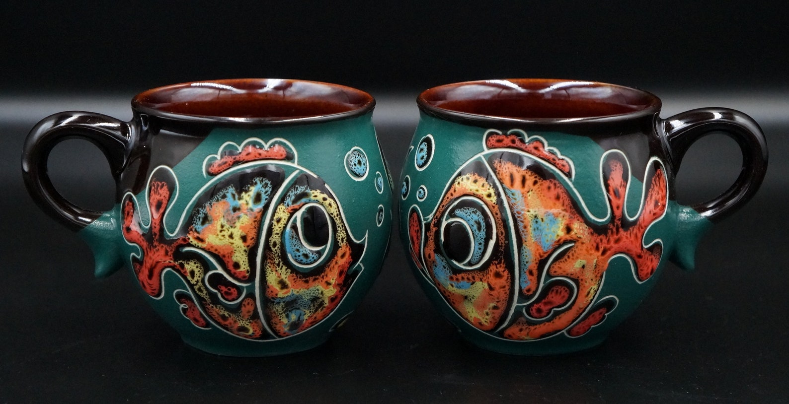Handmade ceramic mug fish Set of 2 green engraved and Etsy