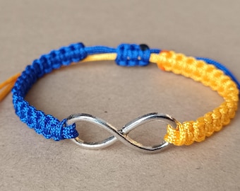 Ukraine Flag Macrame Bracelet with Infinity Charm Adjustable Blue Yellow Cord Bracelet, Friendship Bracelet Gift for Her Him Support Ukraine