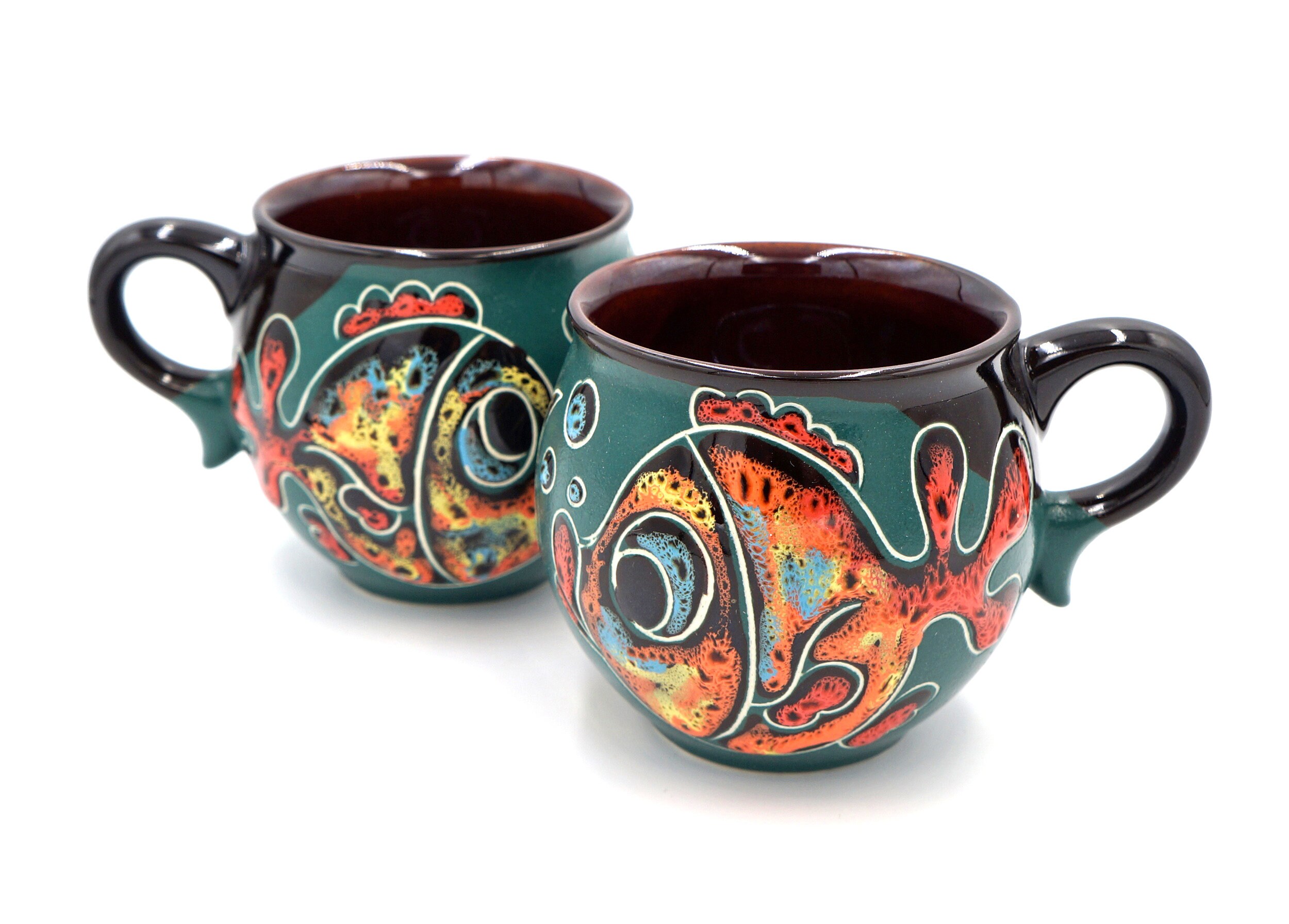 Handmade ceramic mug fish Set of 2 green engraved and Etsy