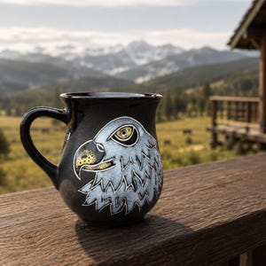 May include: A black ceramic mug featuring a hand-painted white and yellow eagle head design on the front. The mug has a curved handle and a smooth, dark finish, showcasing a detailed illustration of the bird's eye, beak, and feathered neck.