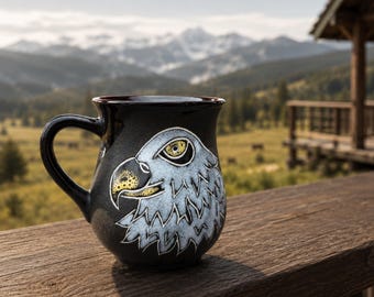 Handmade ceramic eagle mug 9.5 oz Black mug for men Mountain white eagle mug Coffee mug pottery Christmas gift for him