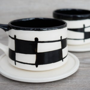 Handmade Ceramic Mugs with Black & White, Set of 2, 8.4oz with Flat Saucers –  Functional and Artisanal Drinkware Set Bday gift for wife